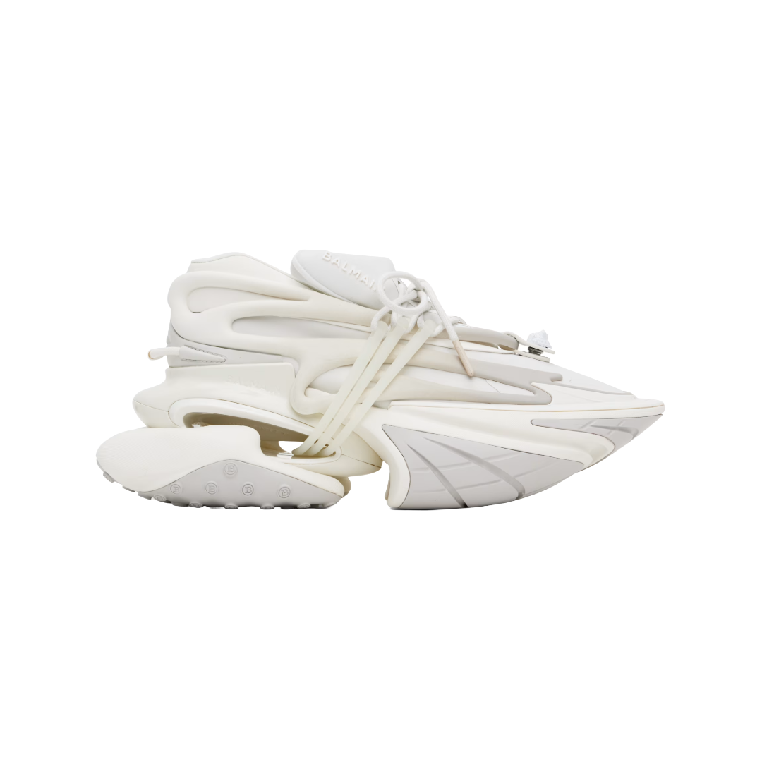 WHITE BALMAIN NEOPRENE AND LEATHER UNICORN LOW TOP SNEAKERS