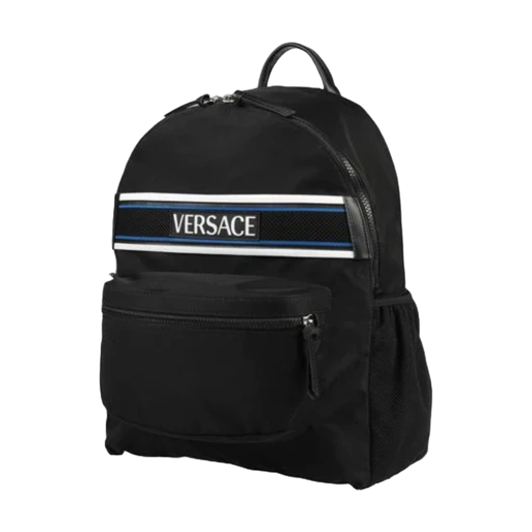 BLACK NYLON BACKPACK WITH BLUE STRIPE